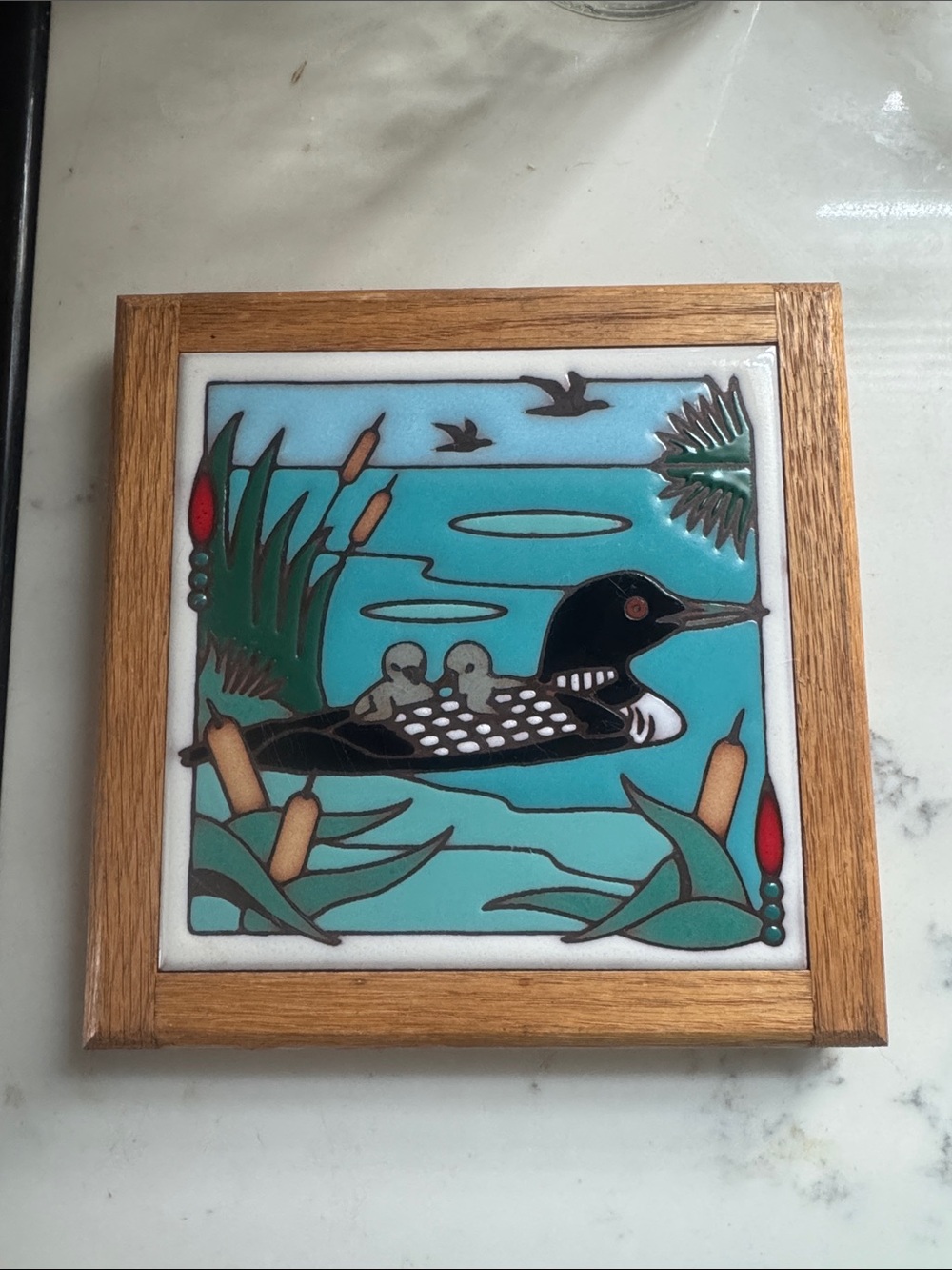 Handmade Loon Ceramic Tile Trivet Art with Wooden Frame - Picture 1 of 4